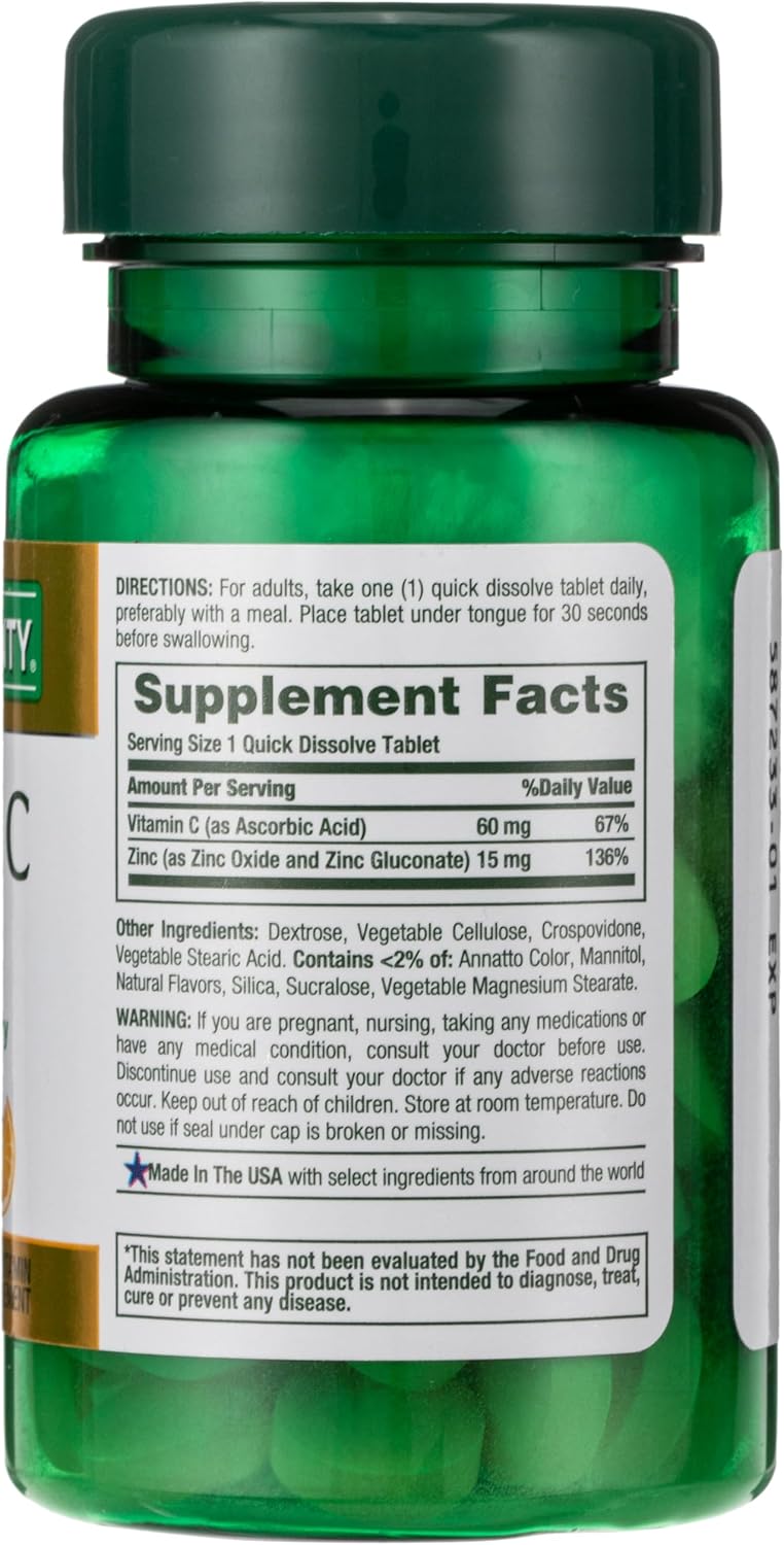 Nature's Bounty Vitamin C + Zinc Supplement for Immune Health Support - 60 Tablets, 60 mg