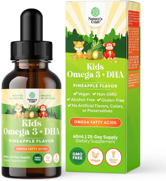 Natures Craft Kids DHA Omega 3 Drops - Vegan Liquid Supplement for Brain, Immunity & Vision - Nutritional Support for Healthy Nervous System - 2 Fl Oz