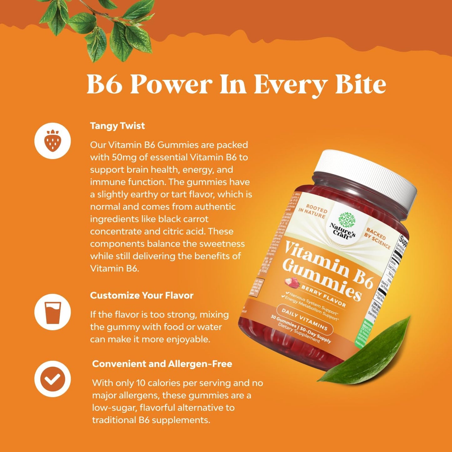 Natures Craft Vitamin B6 Gummies - Immunity & Mood Support for Adults - Vegan Pyridoxine Chews - 30 Count