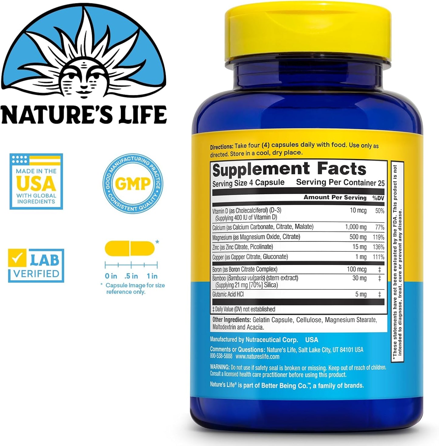 NATURE'S LIFE Calcium Magnesium Zinc Supplement with Vitamin D and Boron - Supports Bone, Muscle, and Heart Health - 100 Capsules