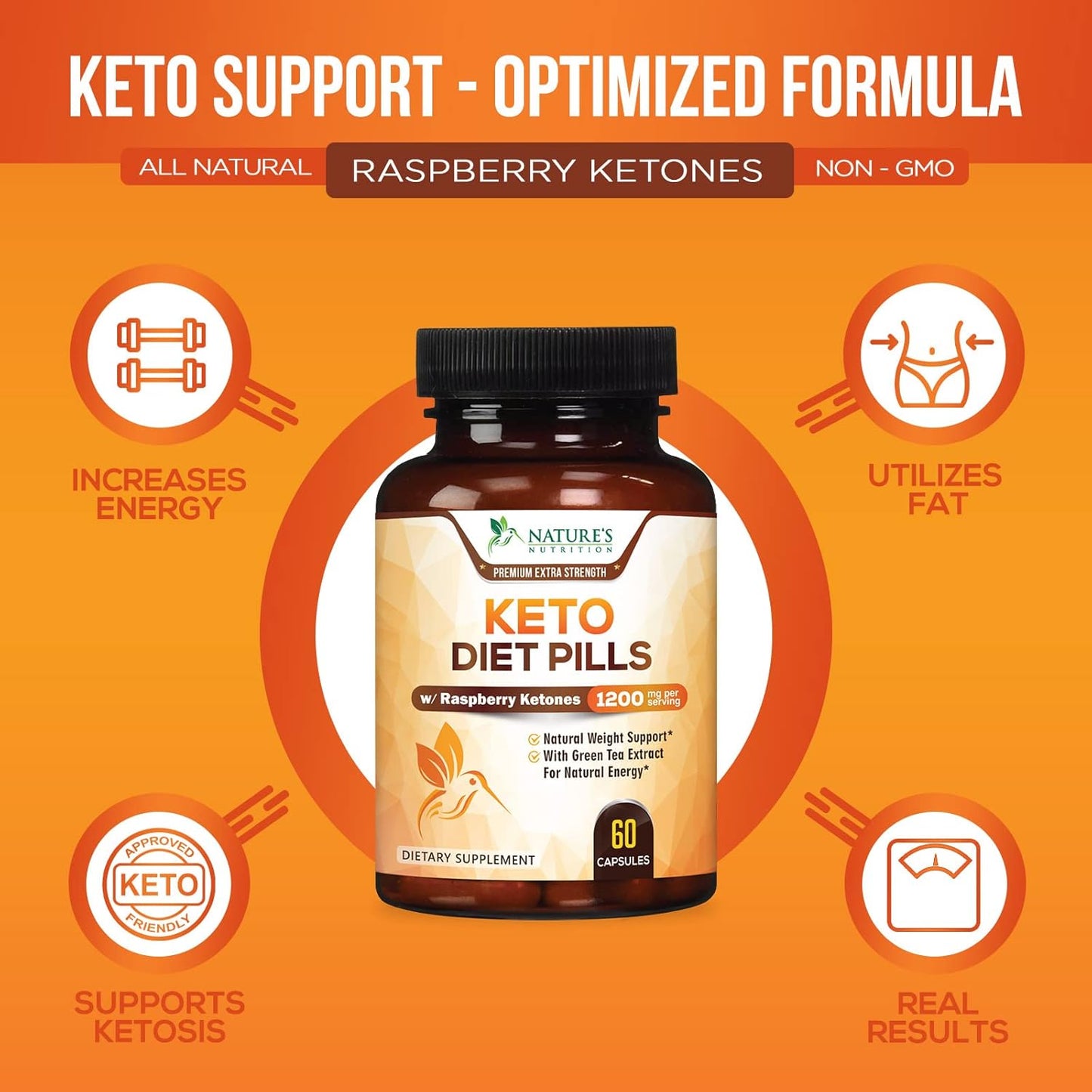 Nature's Optimal Max Keto Pills 1200mg - Advanced Support for Lean Keto Diet - Utilize Fat for Energy & Focus - Fast Acting Keto Supplement - 60 Capsules for Women & Men