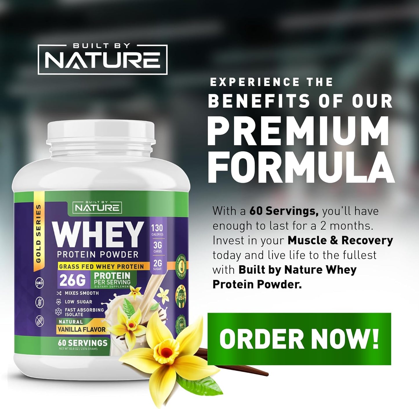 Nature's Own Whey Protein Powder - Pure Whey Shake with Whey Isolate, 26g Protein, Smooth Mixing, No Clumps - High Protein, Low Sugar Drink - Vanilla Flavor - 60 Servings