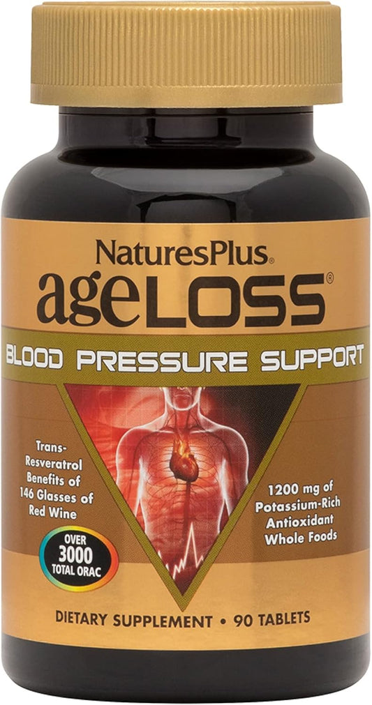 Natures Plus AgeLoss Blood Pressure Support Tablets - 90 Count - Trans-Resveratrol, Whole Foods - Vegetarian, Gluten Free - 30 Servings