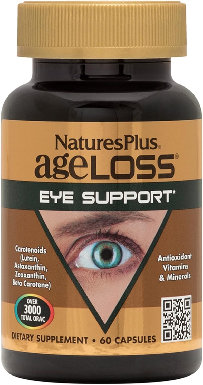 Natures Plus AgeLoss Eye Support Capsules with Lutein, Astaxanthin & Zeaxanthin - Vegetarian & Gluten Free - 60 Count