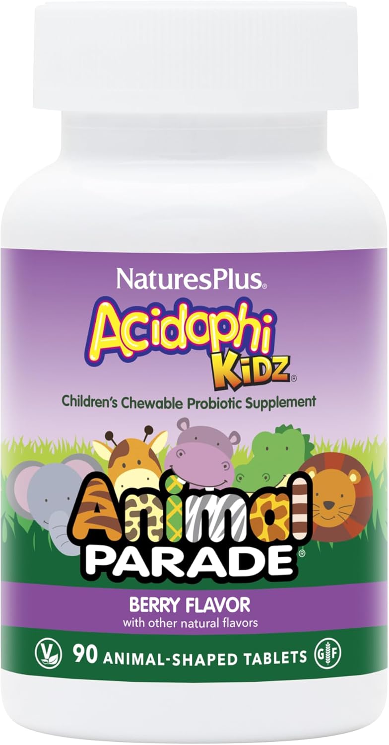 Natures Plus Animal Parade AcidophiKidz, Berry Flavor - 180 Chewable Tablets with Probiotics & Grape Seed - Pack of 2