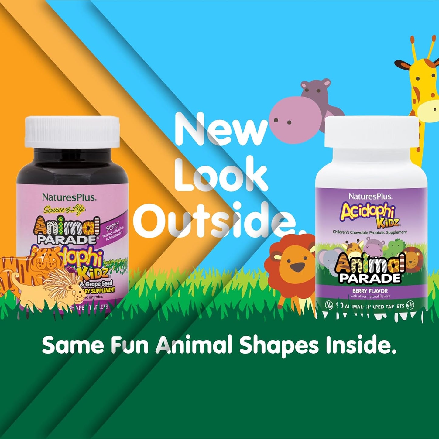 Natures Plus Animal Parade AcidophiKidz, Berry Flavor - 180 Chewable Tablets with Probiotics & Grape Seed - Pack of 2