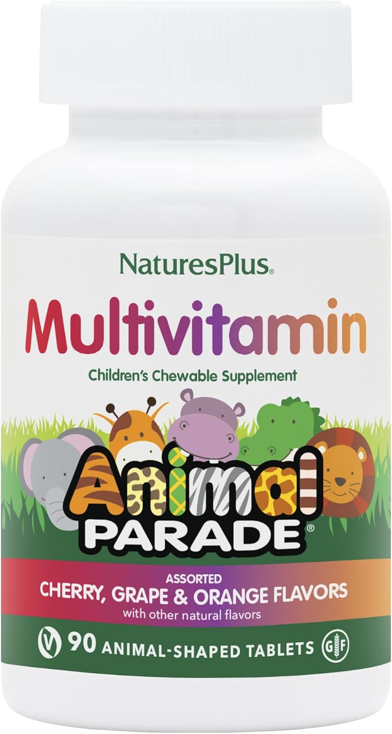 Natures Plus Animal Parade Children's Chewable Multivitamin - 90 Animal-Shaped Tablets - Assorted Natural Flavors - Vegetarian & Gluten Free - 45 Servings