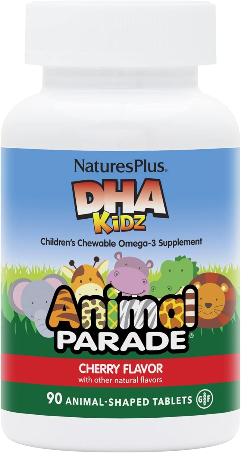 Natures Plus Animal Parade DHA Children's Chewables - Natural Cherry Flavor - 90 Chewable Tablets - Omega 3 Fatty Acid Supplement - Gluten Free