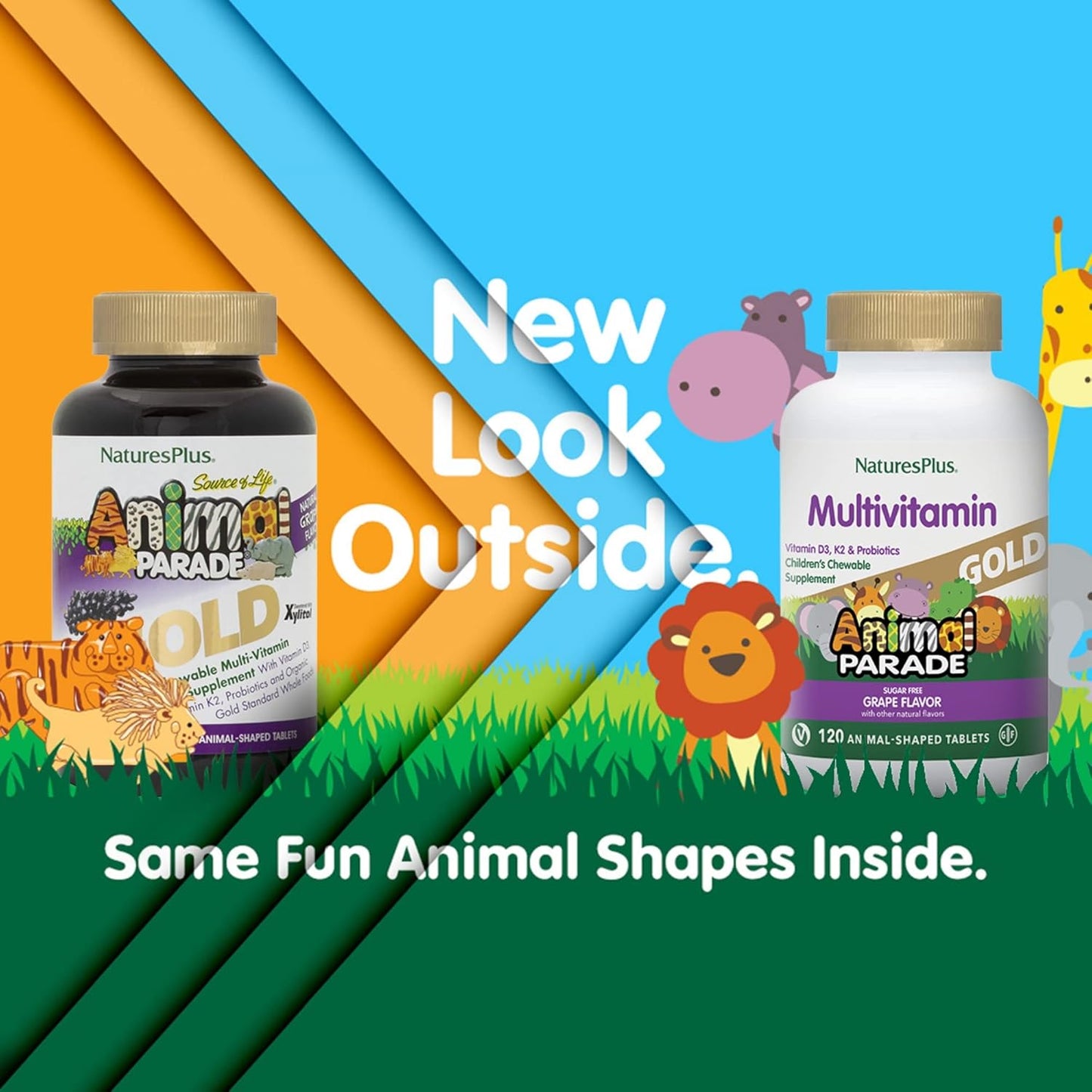 Natures Plus Animal Parade Gold Children's Multivitamin, Grape Flavor - 120 Chewable Tablets - Vegan & Gluten Free - 60 Servings