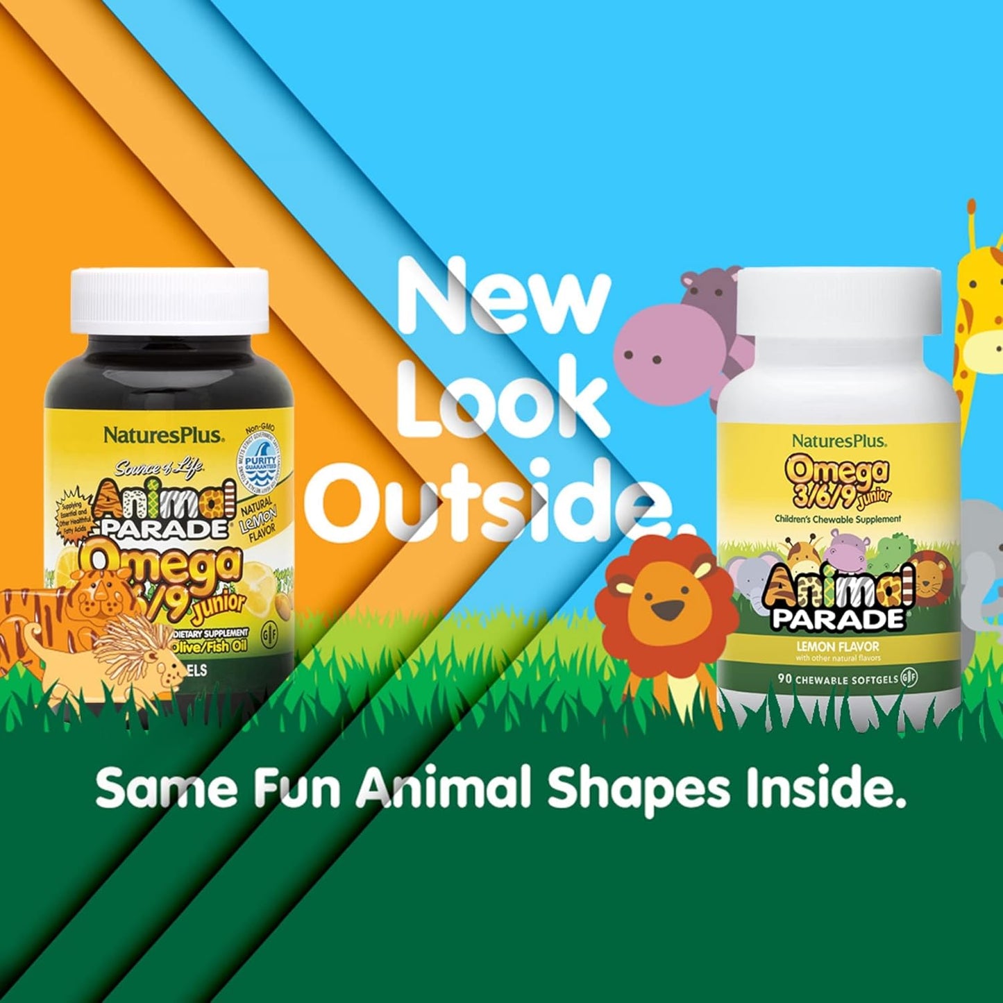 Natures Plus Animal Parade Omega 3/6/9 Junior Softgels - Lemon Flavor - Supports Children's Health - Non-GMO & Gluten Free - 45 Servings
