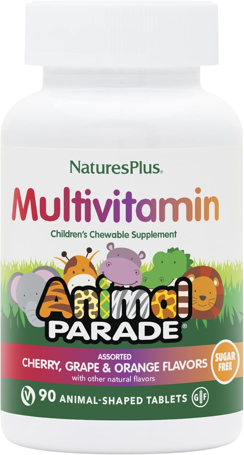 Natures Plus Animal Parade Sugar-Free Children's Multivitamin Chewables - Assorted Flavors - 180 Tablets, 90 Servings