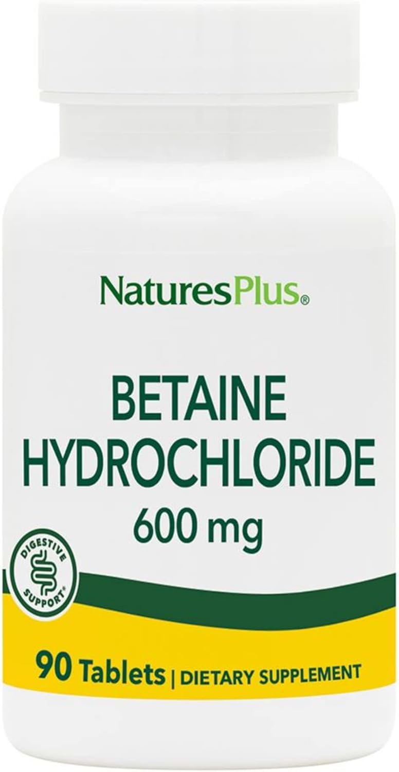 Natures Plus Betaine HCl 600mg Tablets - Digestive Support for Heartburn & Indigestion - Hypoallergenic, Gluten-Free - 90 Servings