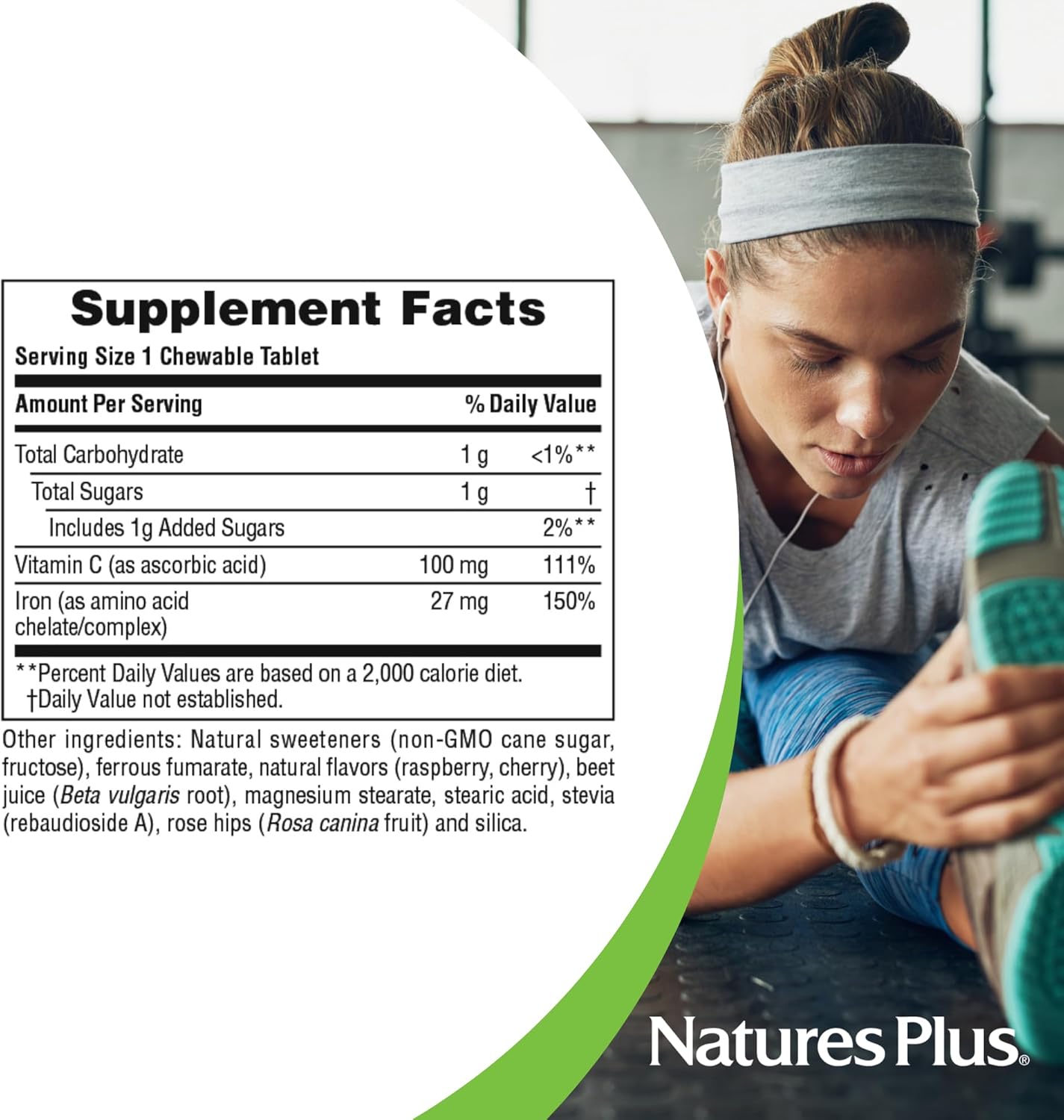 Natures Plus Chewable Iron Tablets - Cherry Flavor - 90 Tablets x 2 Packs - High-Potency Supplement for Healthy Blood & Energy - Includes Vitamin C & Herbs - 180 Servings