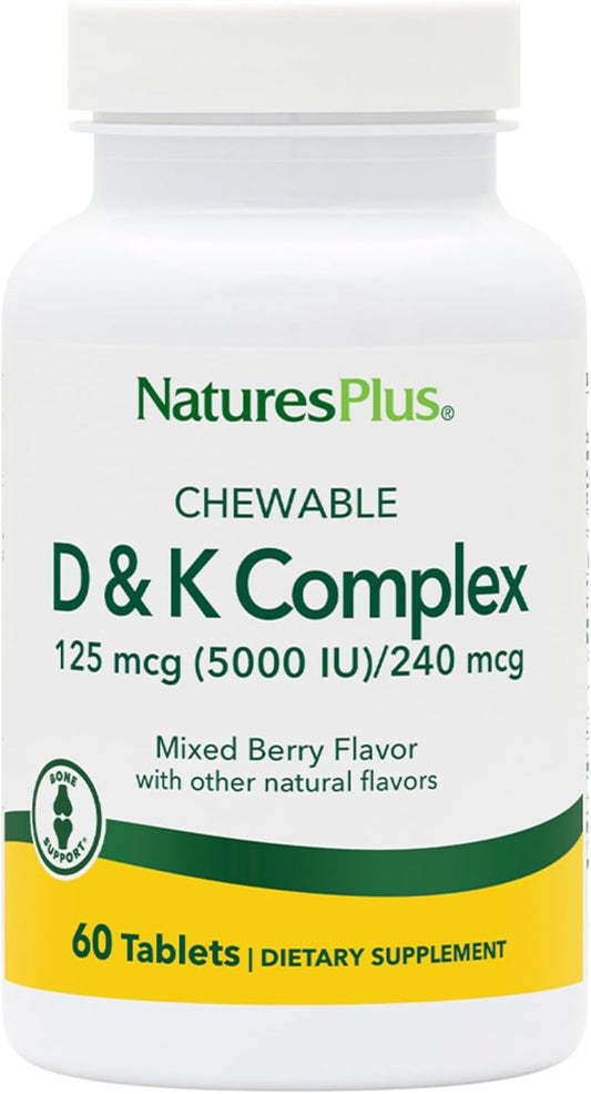 Natures Plus D & K Complex Mixed Berry Chewables - 60 Servings - Vegetarian, Non-GMO, Gluten & Soy Free - Supports Calcium Metabolism