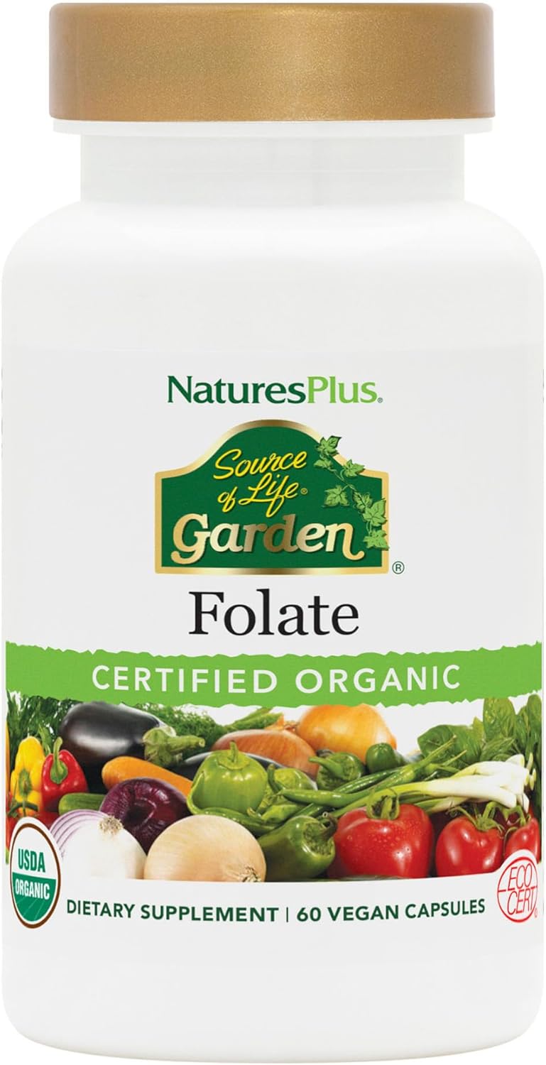 Natures Plus Garden Folate Capsules - 60 Vegan Caps - Certified Organic - 100% DV Per Serving