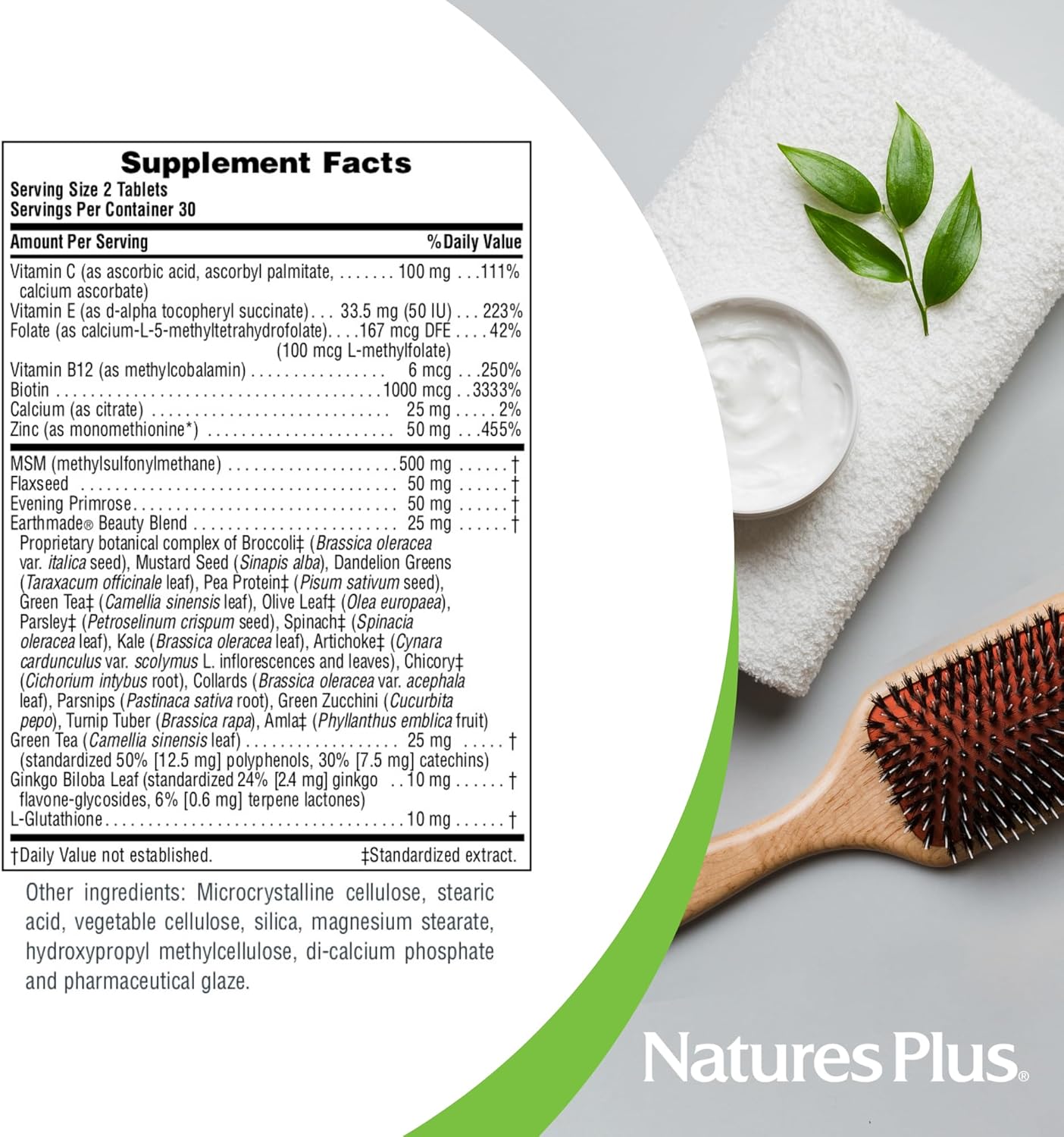 Natures Plus Hair Skin Nails Supplement - 60 Vegan Tablets - Boosts Hair Skin Nails Health - Vegetarian, Gluten-Free - 30 Servings