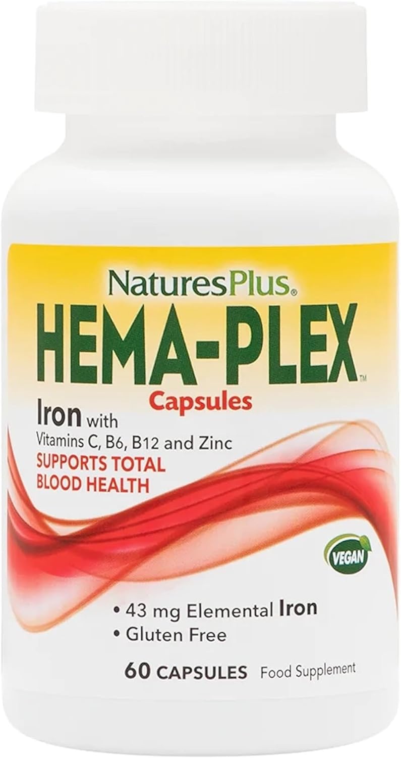 Natures Plus Hema-Plex Iron Capsules - 60 Fast-Acting Capsules with 85mg Chelated Iron for Total Blood Health - Vegan & Gluten Free