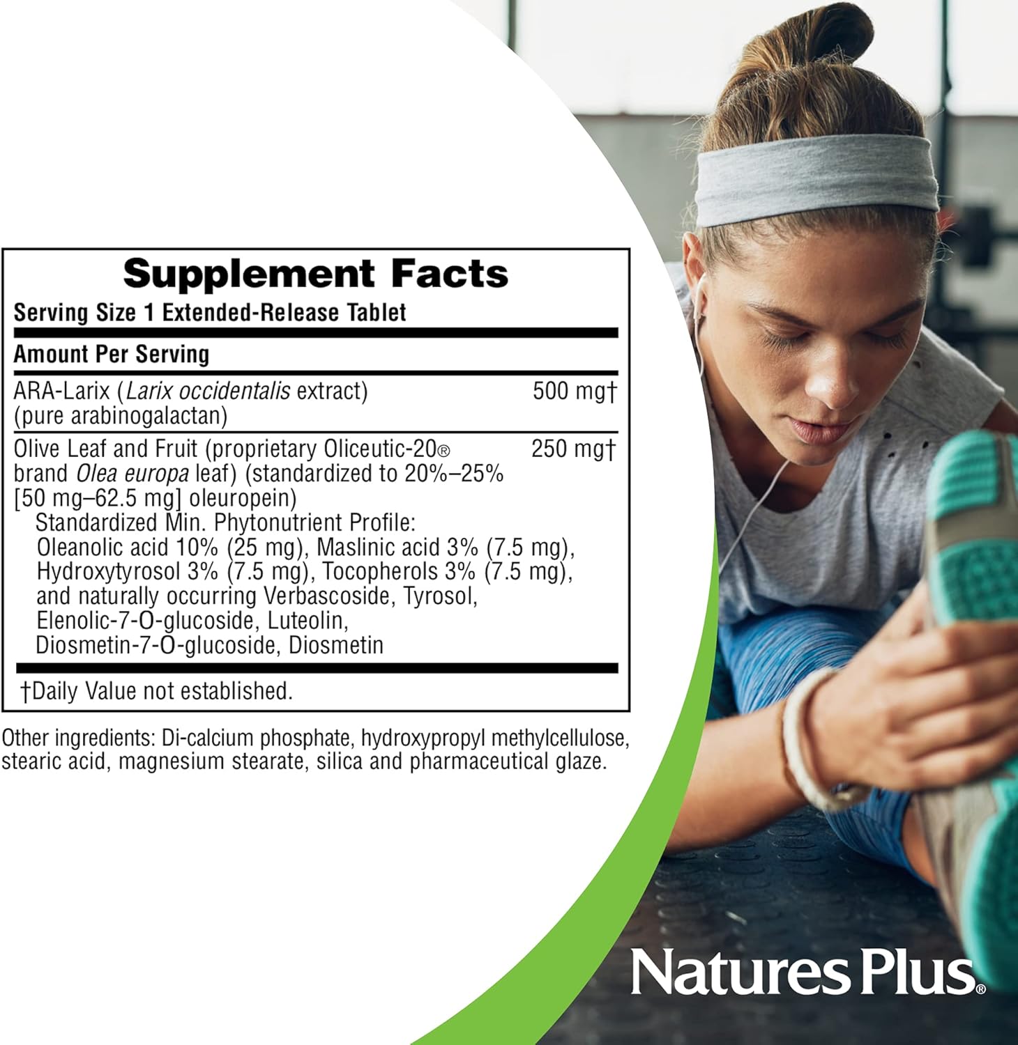 Natures Plus Herbal Actives ARA Larix Olive Leaf 750mg Vegan Tablets - Immune Support Supplement, Extended Release - Hypoallergenic, Vegetarian, Gluten-Free