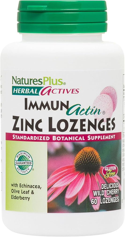 Natures Plus Herbal Actives ImmunActin Zinc Lozenges - 60 Count x 2 Packs - Wild Cherry Flavor - Immune Health Support with Echinacea, Elderberry, Olive Leaf - Gluten Free - 120 Servings