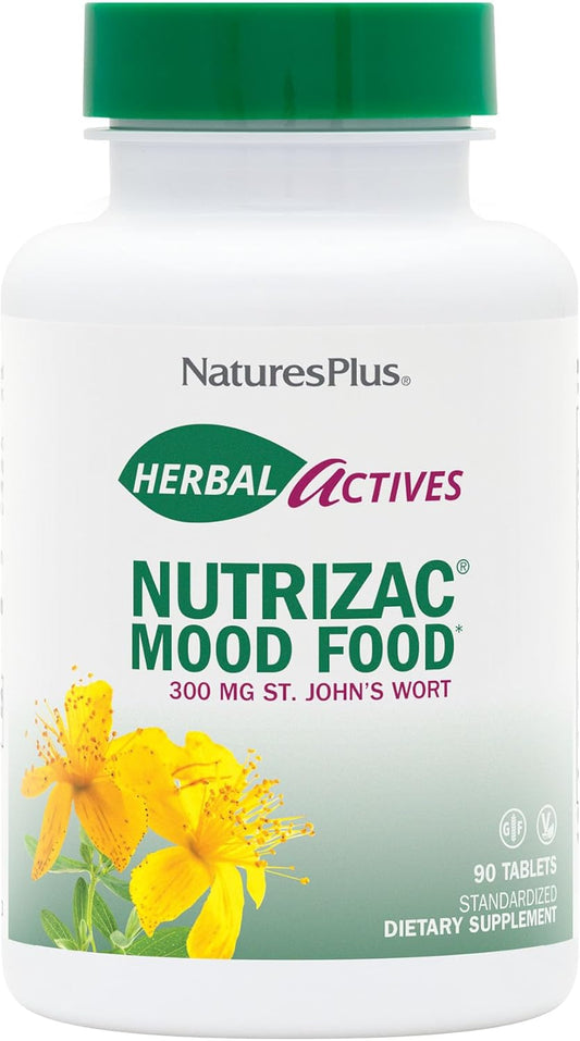 Natures Plus Herbal Actives NutriZAC Mood Food - Maximum Potency Natural Mood Booster with St Johns Wort - Vegan Bi-Layered Tablets - 90 Servings
