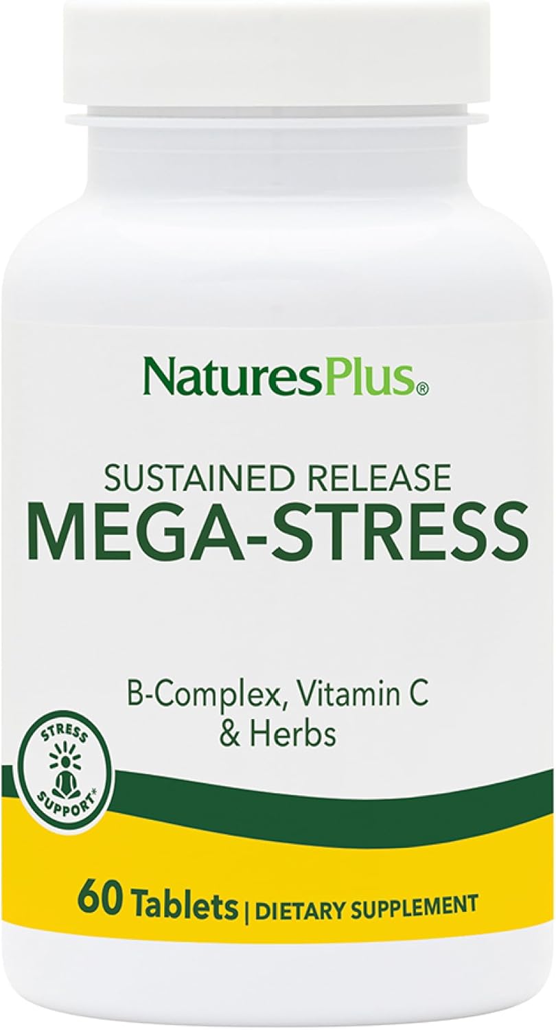 Natures Plus Mega-Complex Sustained Release B Complex Vitamin C Supplement 60 Vegetarian Tablets Chamomile Herbs Natural Gluten-Free