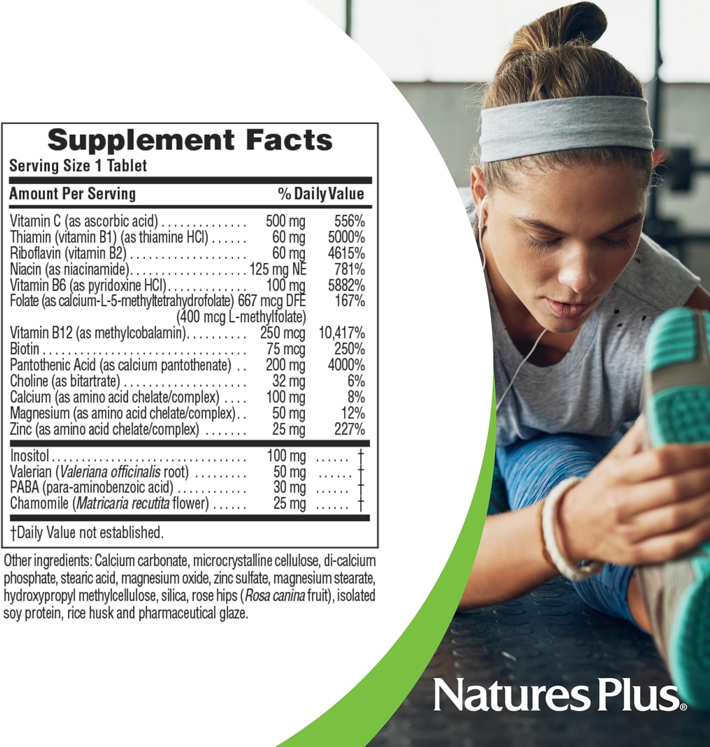 Natures Plus Mega-Complex Sustained Release B Complex Vitamin C Supplement 60 Vegetarian Tablets Chamomile Herbs Natural Gluten-Free