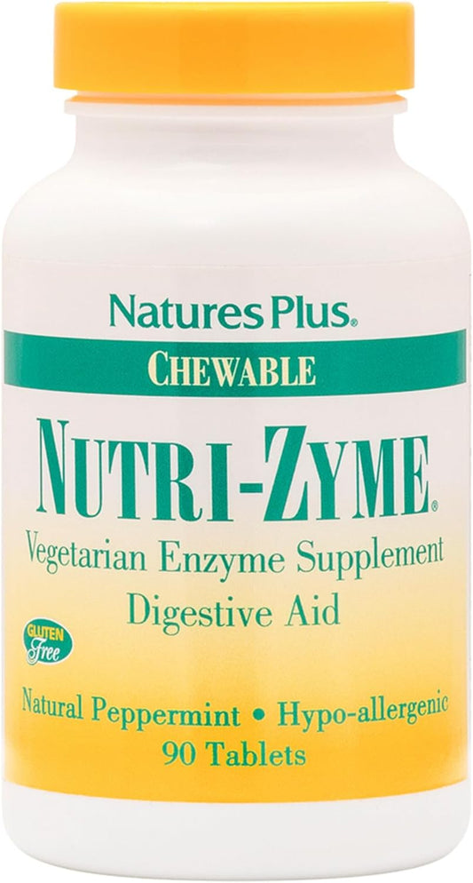 Natures Plus Nutri Zyme Chewable Tablets - Peppermint Flavor, Vegetarian Enzyme Supplement with Bromelain & Papain - Gluten-Free Digestive Aid - 90 Tablets