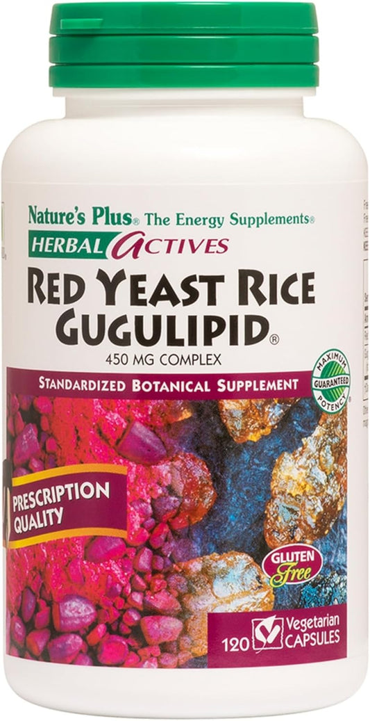 Natures Plus Red Yeast Rice Gugulipid Capsules - 450mg, 120 Count - Heart Health & Cholesterol Support Supplement - Vegan & Gluten-Free