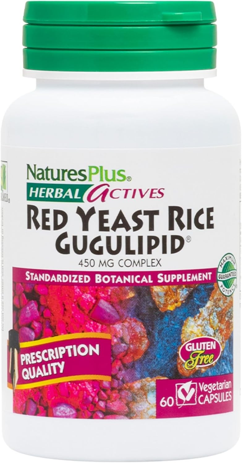 Natures Plus Red Yeast Rice Gugulipid Complex Capsules - 450mg, 60 Count - Herbal Supplement for Cholesterol Support, Vegetarian & Gluten-Free