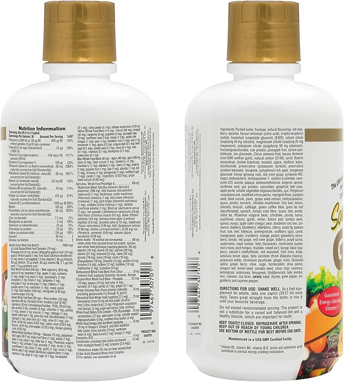 Natures Plus Source of Life Gold Liquid Multivitamin - 30 oz - Vitamins D3, B12, K2 - Support for Blood, Bones & Immunity - Vegetarian & Gluten-Free - 30 Servings
