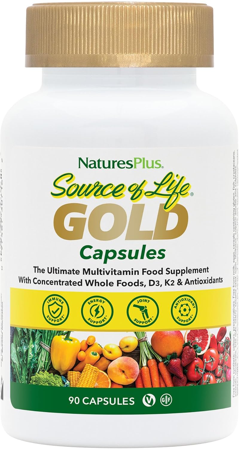 Natures Plus Source of Life Gold Multivitamin Capsules - 90 Vegetarian Capsules with Whole Foods - Supports Blood, Bone, Immune System - Gluten Free - 30 Servings