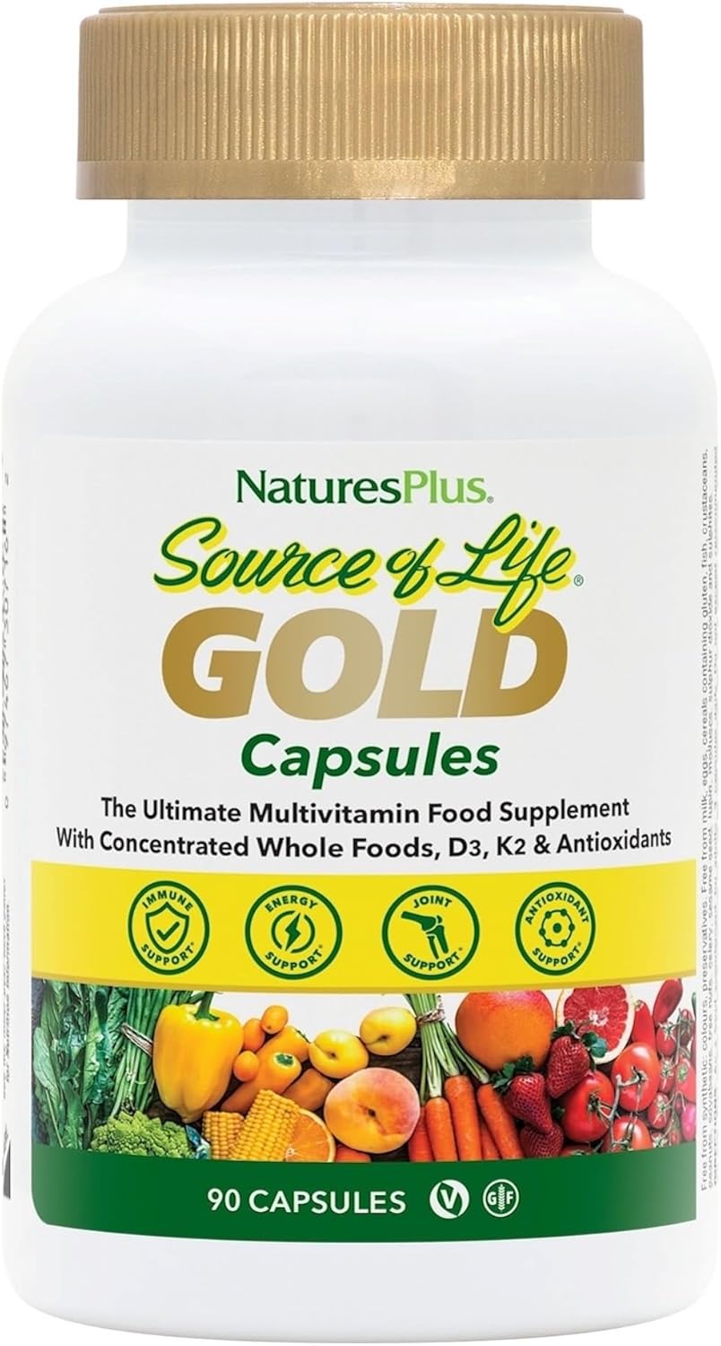 Natures Plus Source of Life Gold Multivitamin Capsules - 90 Vegetarian Capsules with Whole Foods - Supports Blood, Bone, Immune System - Gluten Free - 30 Servings