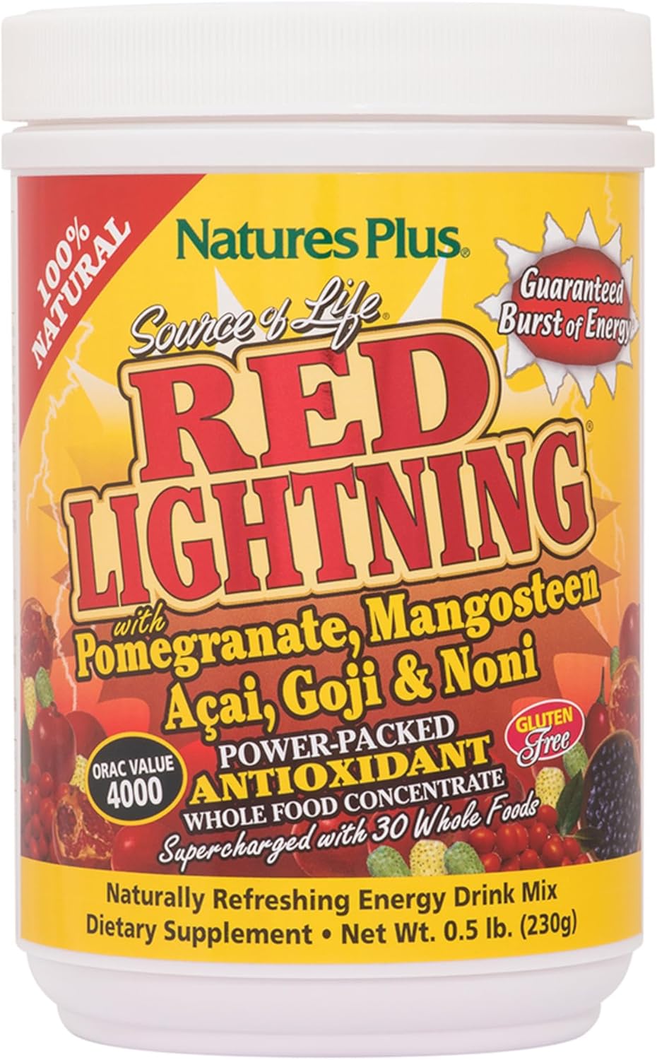 Natures Plus Source of Life Red Lightning Energy Drink Powder - Mixed Berry Flavor - Natural Energy Boost with Whole Foods, Antioxidants, and Red Superfoods - Gluten-Free - 38 Servings