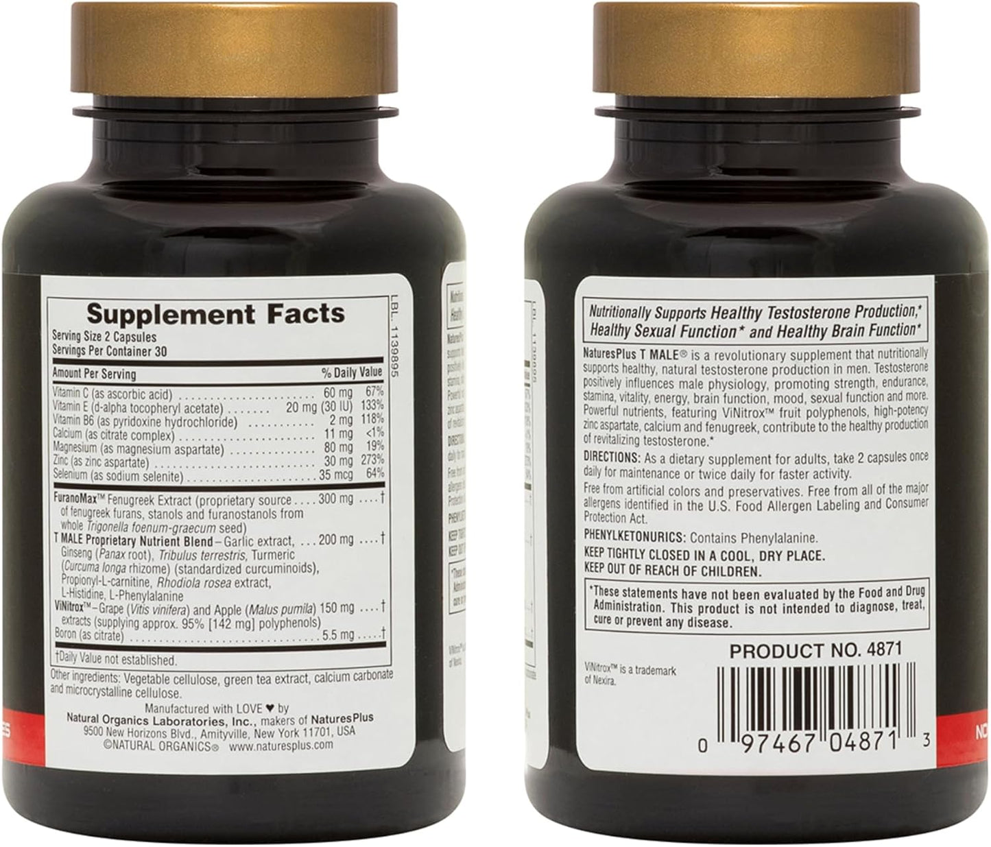 Natures Plus T-Male Supplement - 120 Vegetarian Capsules with Ginseng, Rhodiola & FuranoMax - Gluten Free - 60 Servings