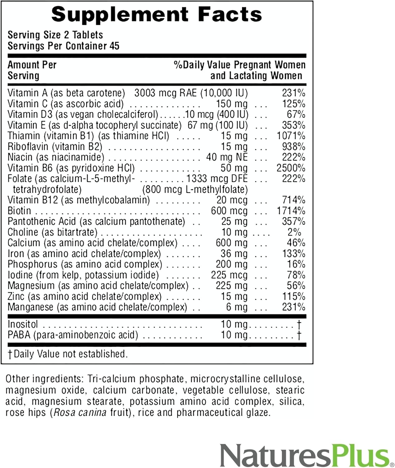 Natures Plus Ultra Prenatal Multivitamin - 800 mcg Folate, 90 Vegetarian Tablets - Iron, Iodine, Calcium & B-Complex - Gluten-Free
