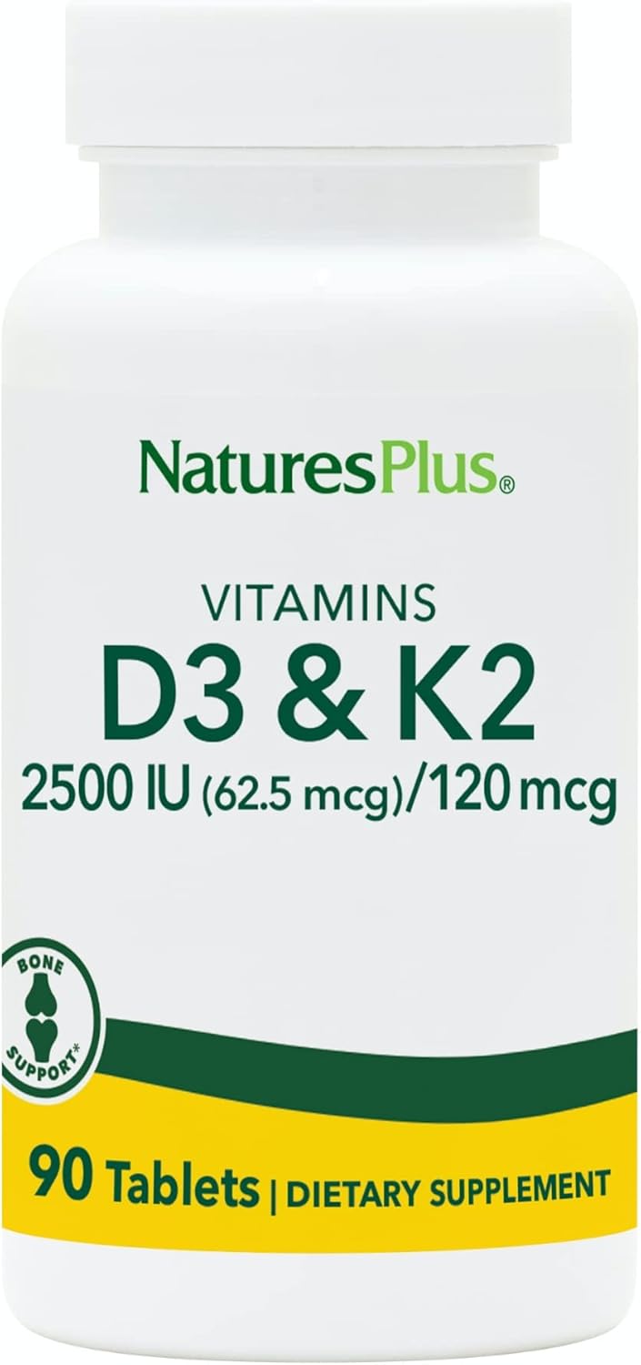 Natures Plus Vitamin D3 and K2 Tablets - Supports Bone, Immune, Heart Health & Mood - Vegetarian, Gluten-Free - 90 Servings