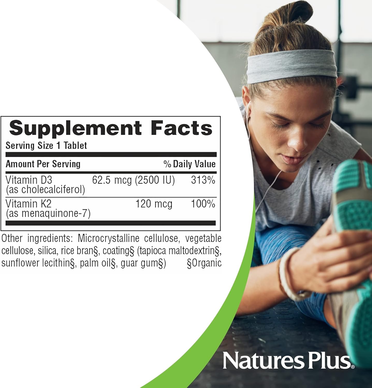 Natures Plus Vitamin D3 and K2 Tablets - Supports Bone, Immune, Heart Health & Mood - Vegetarian, Gluten-Free - 90 Servings