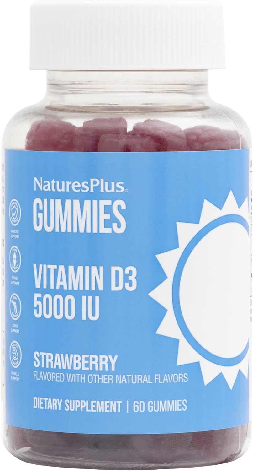 Natures Plus Vitamin D3 Gummies - 5000 IU, 60 Strawberry Gummies - Bone Health & Immune Support - Vegan, Gluten-Free, Non-GMO - 60 Servings