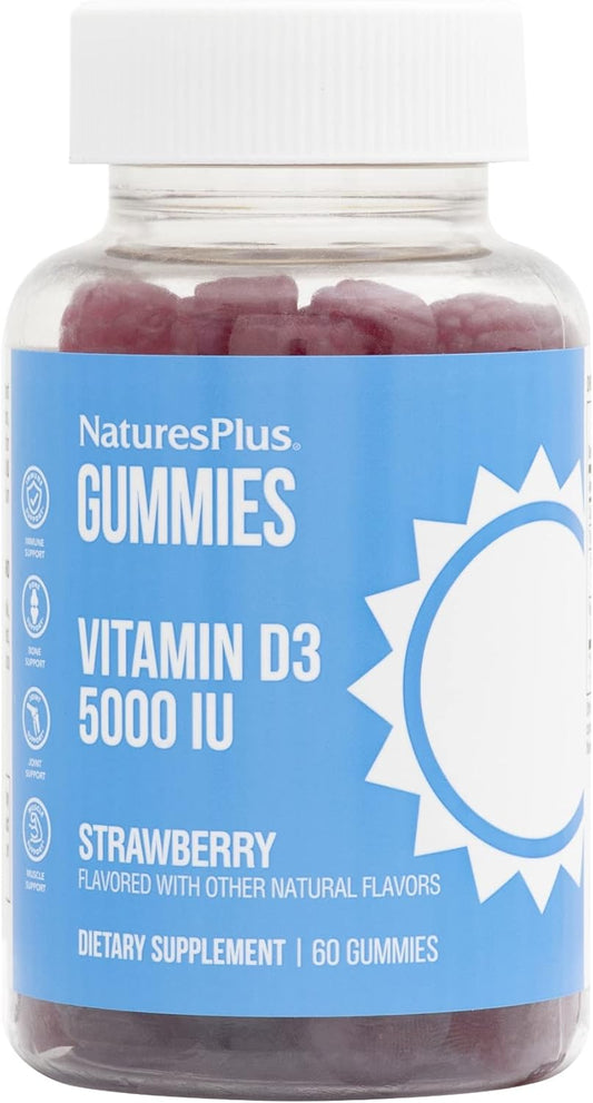 Natures Plus Vitamin D3 Gummies - 5000 IU, 60 Strawberry Gummies - Bone Health & Immune Support - Vegan, Gluten-Free, Non-GMO - 60 Servings