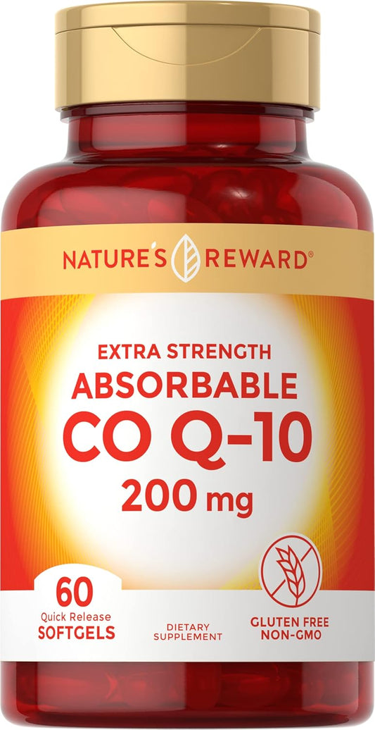Nature's Reward CoQ10-200mg Softgels - Extra Strength, Highly Absorbable, Non-GMO & Gluten-Free - 60 Count