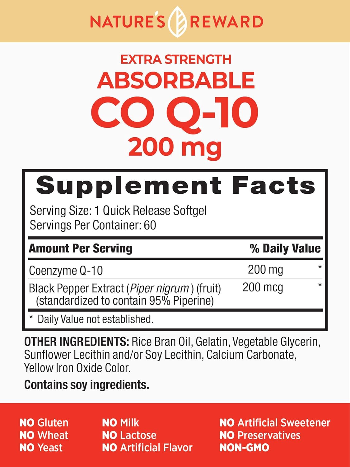 Nature's Reward CoQ10-200mg Softgels - Extra Strength, Highly Absorbable, Non-GMO & Gluten-Free - 60 Count