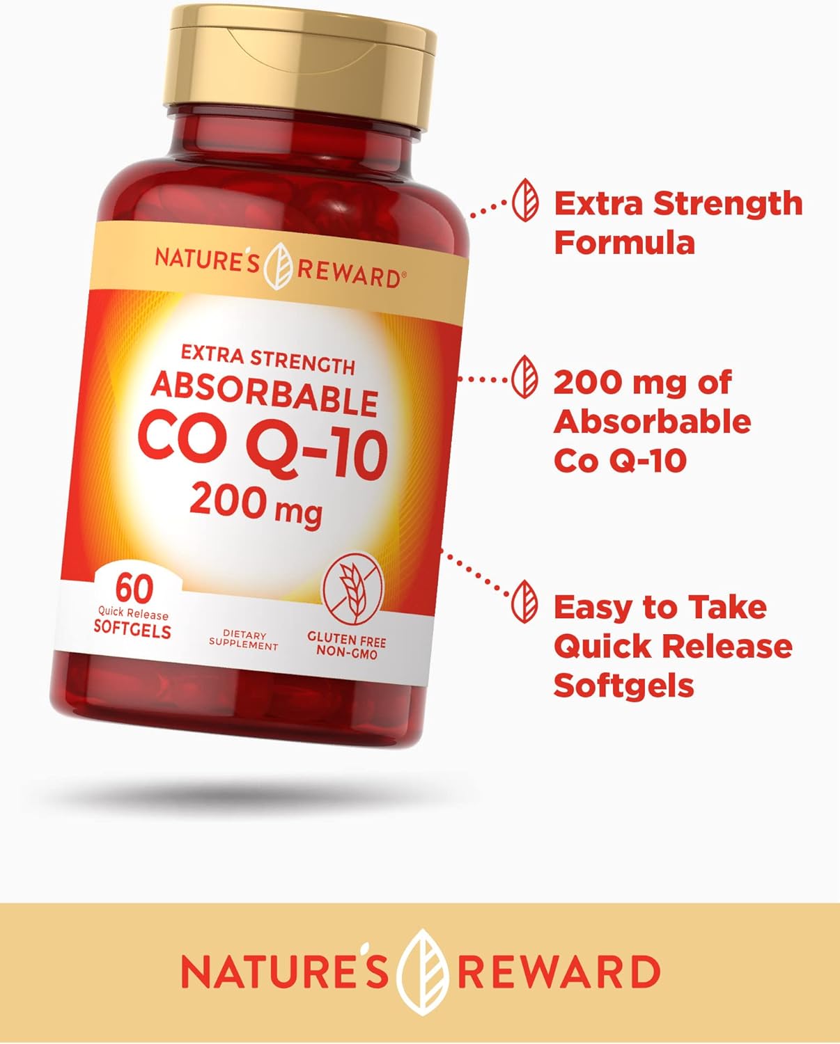 Nature's Reward CoQ10-200mg Softgels - Extra Strength, Highly Absorbable, Non-GMO & Gluten-Free - 60 Count