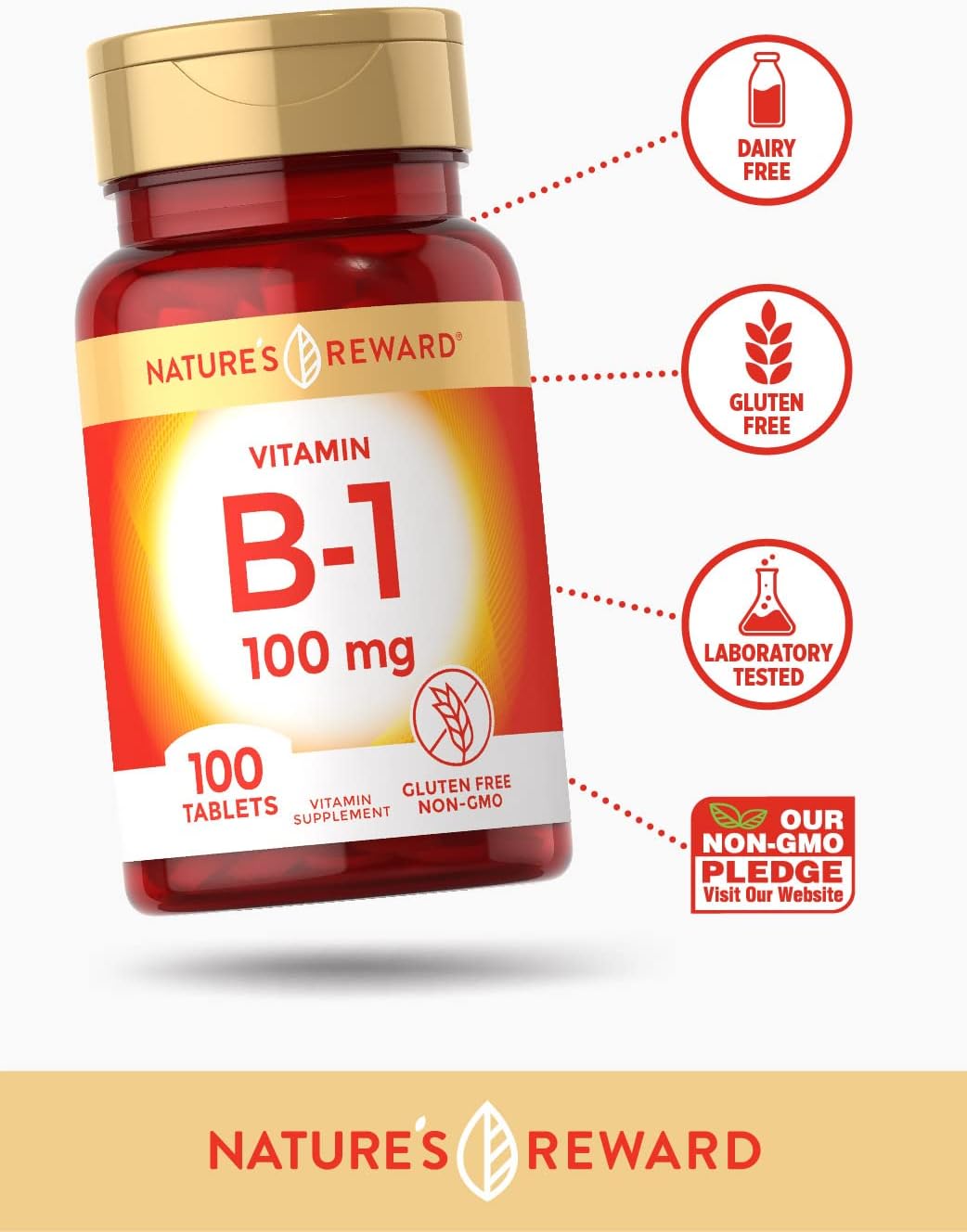 Nature's Reward Vitamin B1 100mg (Thiamine) - 100 Count Vegetarian Supplement