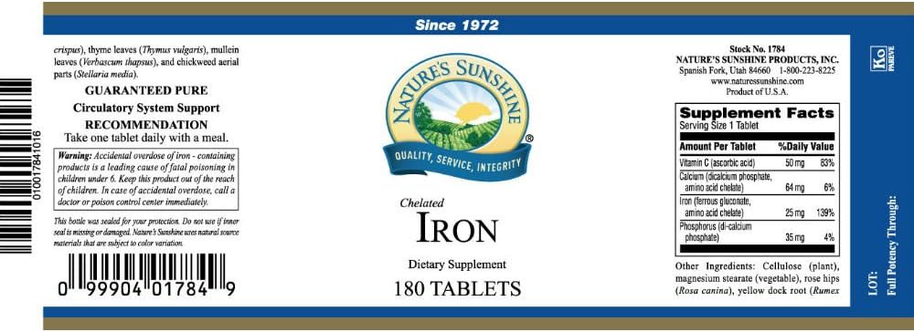 Nature's Sunshine Iron-Chelated Tablets - 25mg, 180 Count - Supports Circulatory System & Oxygen Transport - 25mg Iron per Tablet