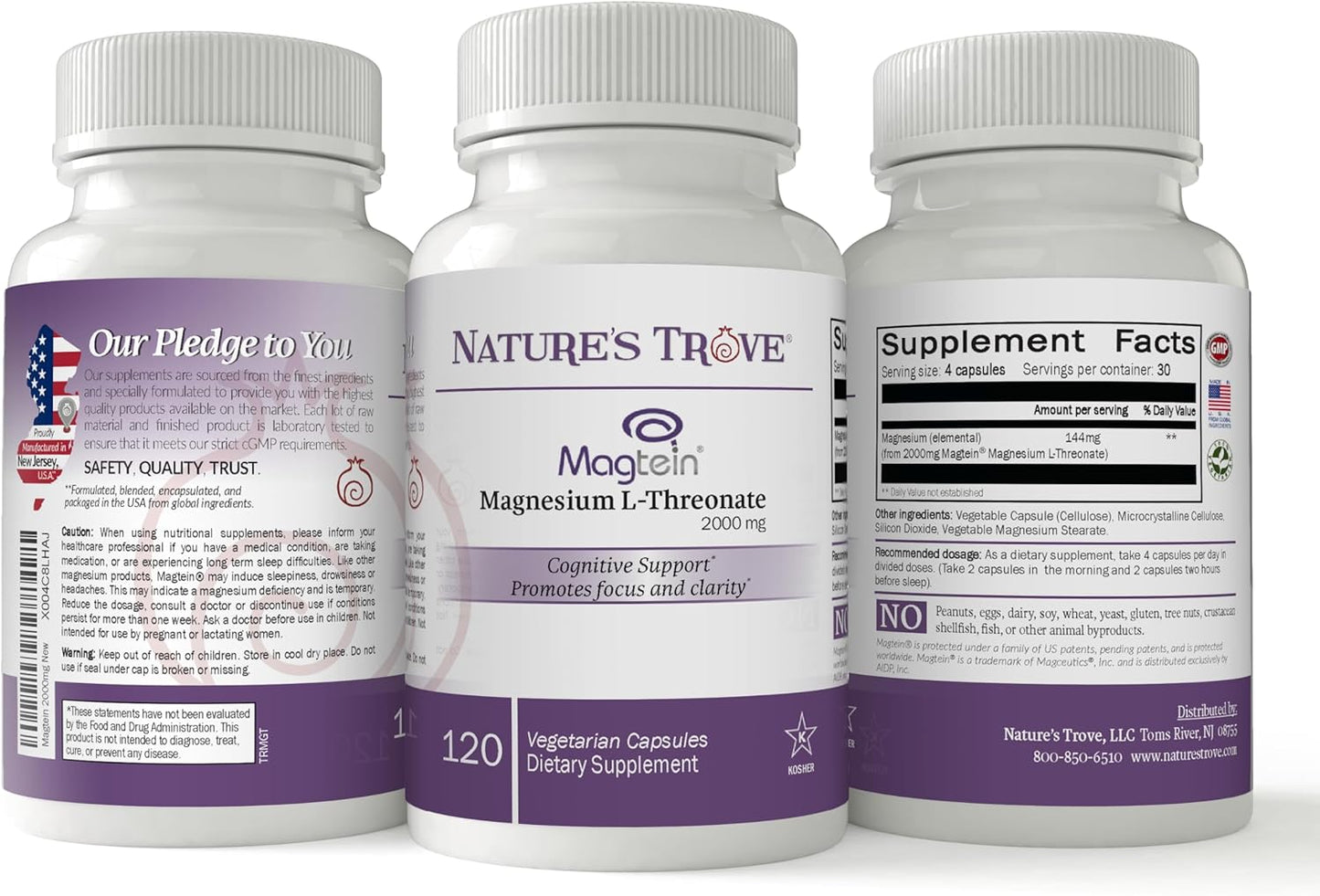 Nature's Trove Magtein Magnesium L-Threonate Supplement - 2000 Mg for Sleep, Calm, Memory & Brain Fog - Non-GMO, 120 Vegetarian Capsules