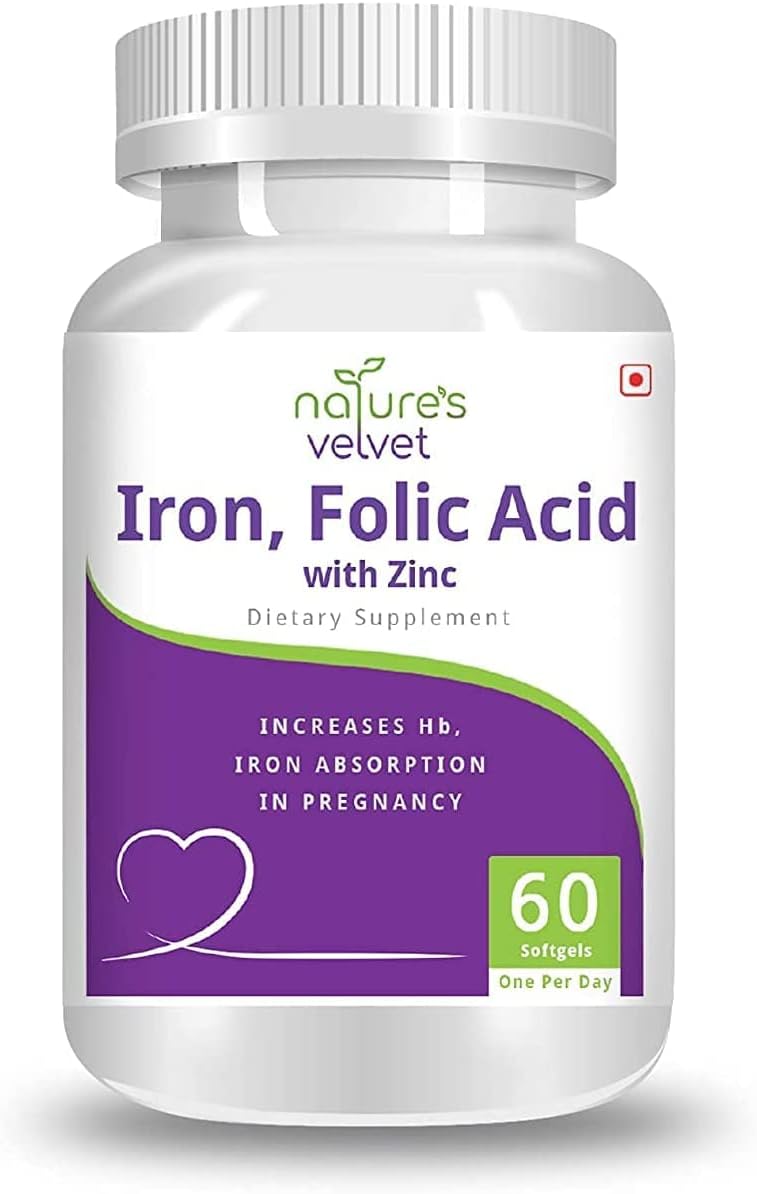 Natures Velvet Lifecare Iron & Folic Acid with Zinc Softgels - Pregnancy Supplement (60 Count)