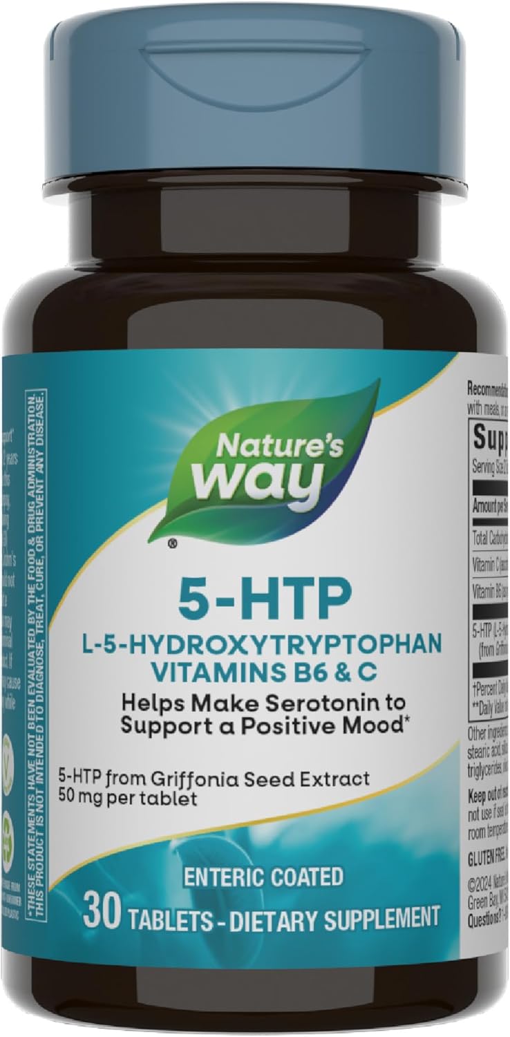 Nature's Way 5-HTP 50mg - Griffonia Bean Extract - Promotes Positive Mood - Serotonin Precursor - Gluten-Free - 30 Vegan Tablets