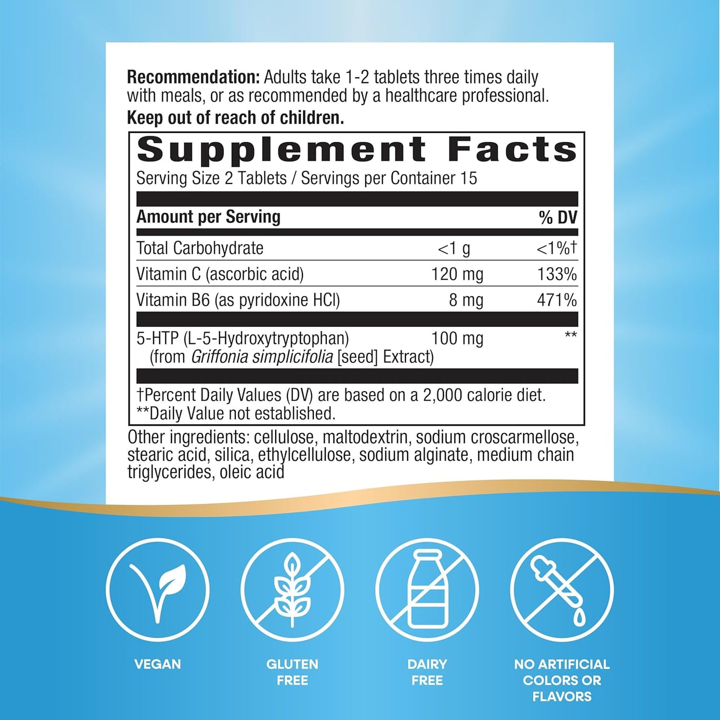 Nature's Way 5-HTP 50mg - Griffonia Bean Extract - Promotes Positive Mood - Serotonin Precursor - Gluten-Free - 30 Vegan Tablets