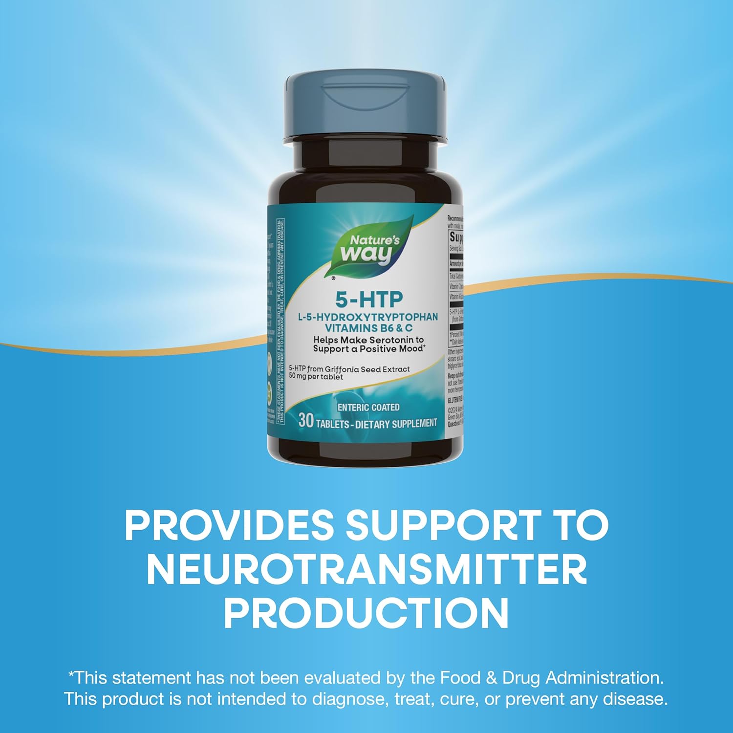 Nature's Way 5-HTP 50mg - Griffonia Bean Extract - Promotes Positive Mood - Serotonin Precursor - Gluten-Free - 30 Vegan Tablets