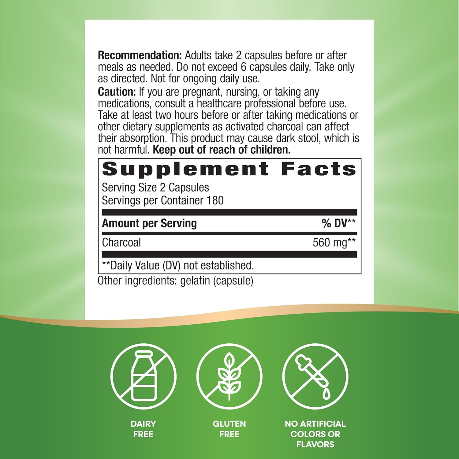 Nature's Way Activated Charcoal Capsules, 560mg for Digestive Tract Health, 360 Count